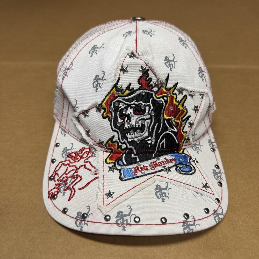 Red Monkey Hat Cap Snap Back White Skull Flame Rhinestone Trucker Mens One Size